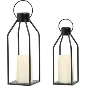 Black Metal Candle Lanterns Set of 2-  w/ Flickering LED Candles (No Glass)